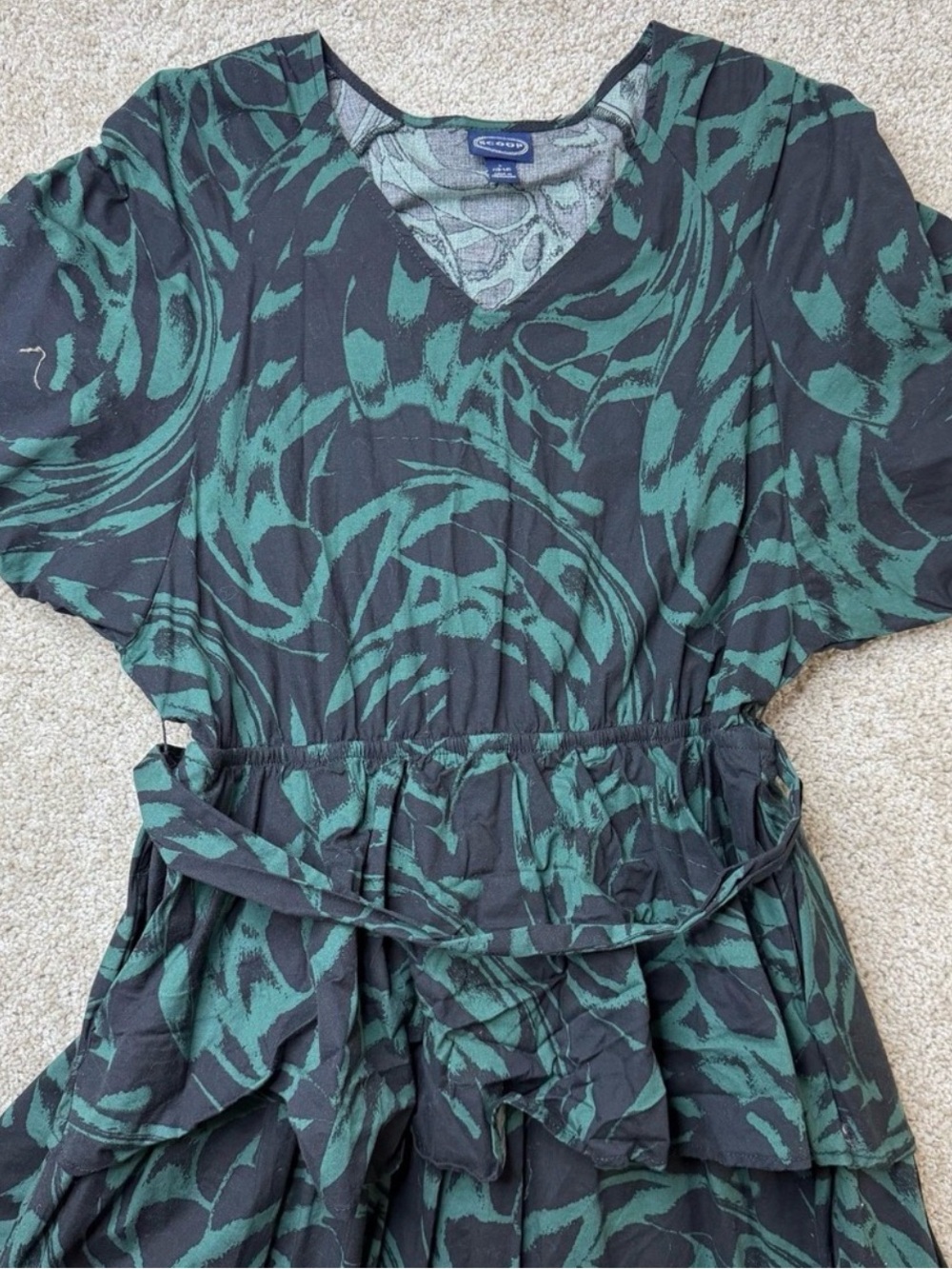 Y2K Scoop Dress Womens Large Green Floral V Neck Short Sleeve Ruffle Maxi Belted